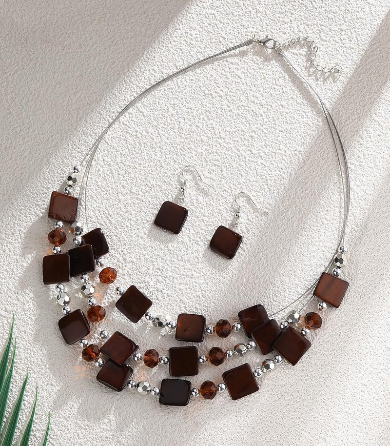 Errally Store Layered Beaded Statement Necklaces for Women Square Shell Bead Collar Necklace and Earring Set Birthday Gifts Boho Jewelry Sets for Women - Image 2